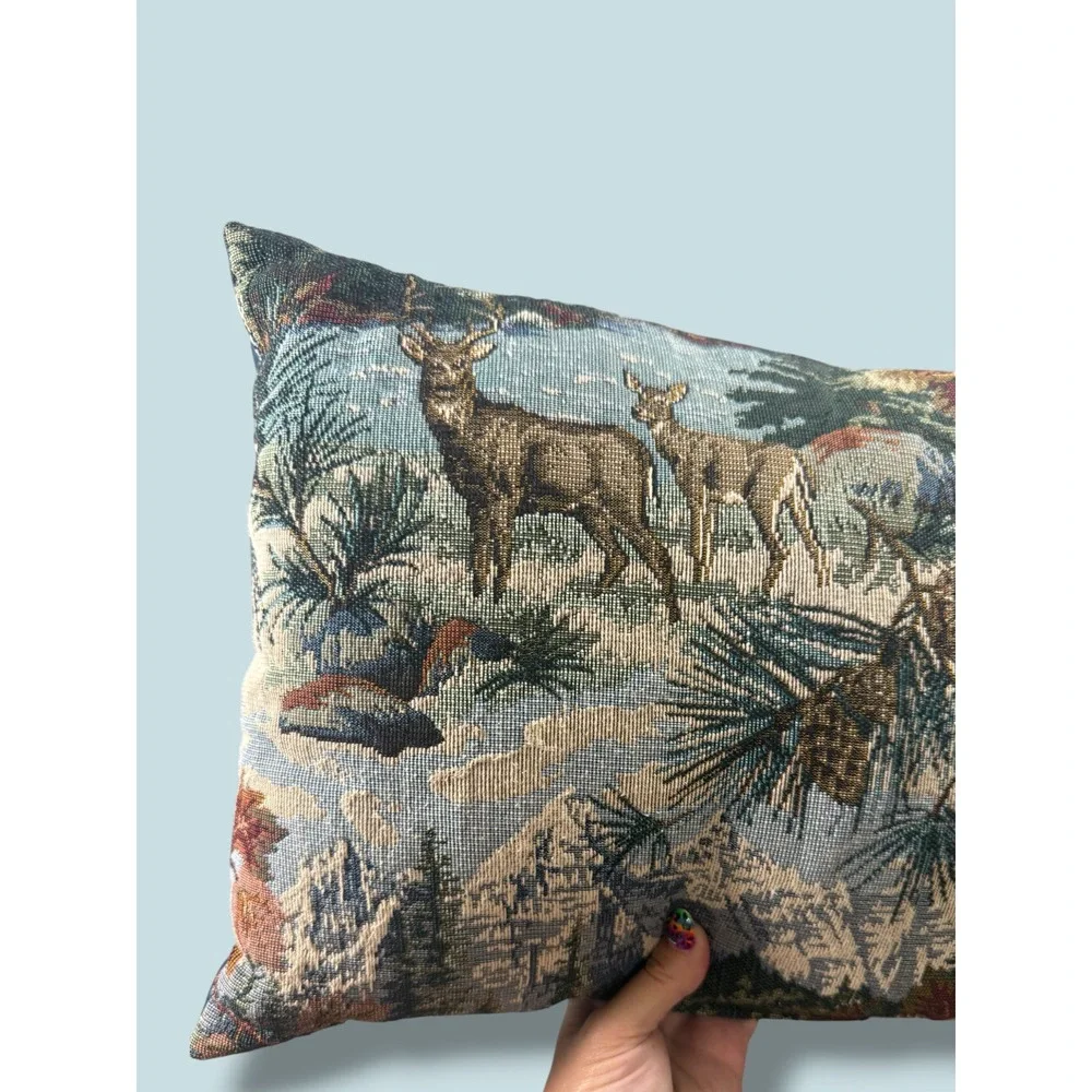 Deer Tapestry Pillow 16x11 Woodland Cabin Lodge Decor Mountain Pinecone Accent